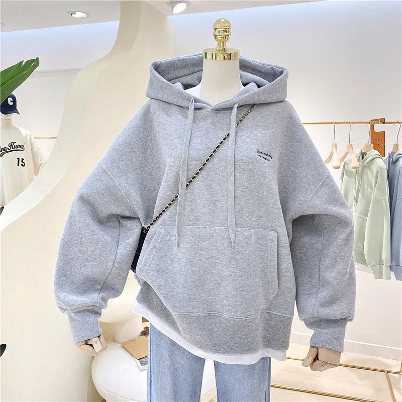 Women Solid Hoodies Sweatshirts Loose Long Sleeve Tops Casual Sporty Thick Warm Ladies Pockets Hooded Pullover Sweatshirt