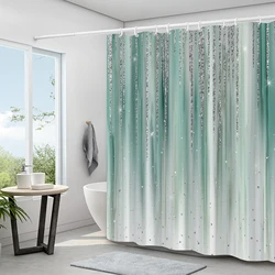 Shower curtain with sparkling diamond gradient print, waterproof trim, soft fabric, non-slip bathroom mat, 12 plastic hooks