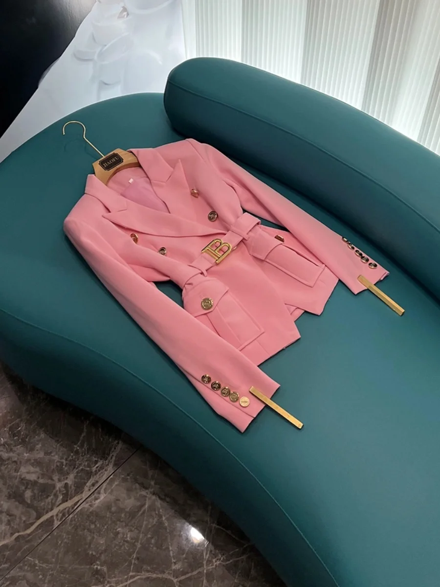 Ele ort Pink Suit Jaet Women's Faion High Quali Belted Waist Design Commute Sle Long Sve Button Detail