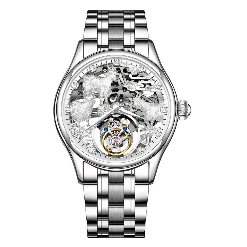 

AESOP Real Tourbillon Mechanical Male Watches Top Brand Skeleton Hollow Luminous Hand Clock Men Sapphire Wristwatch Zodiac Sheep