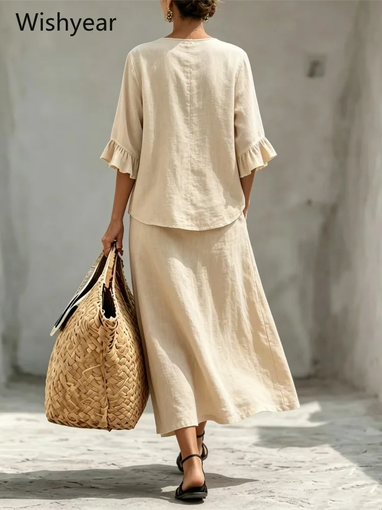 Women Casual Two Piece Maxi Skirt Set Green Short Sleeve Button Top and Loose Fit Dress Summer Outfit for Daily Beach Party Wear