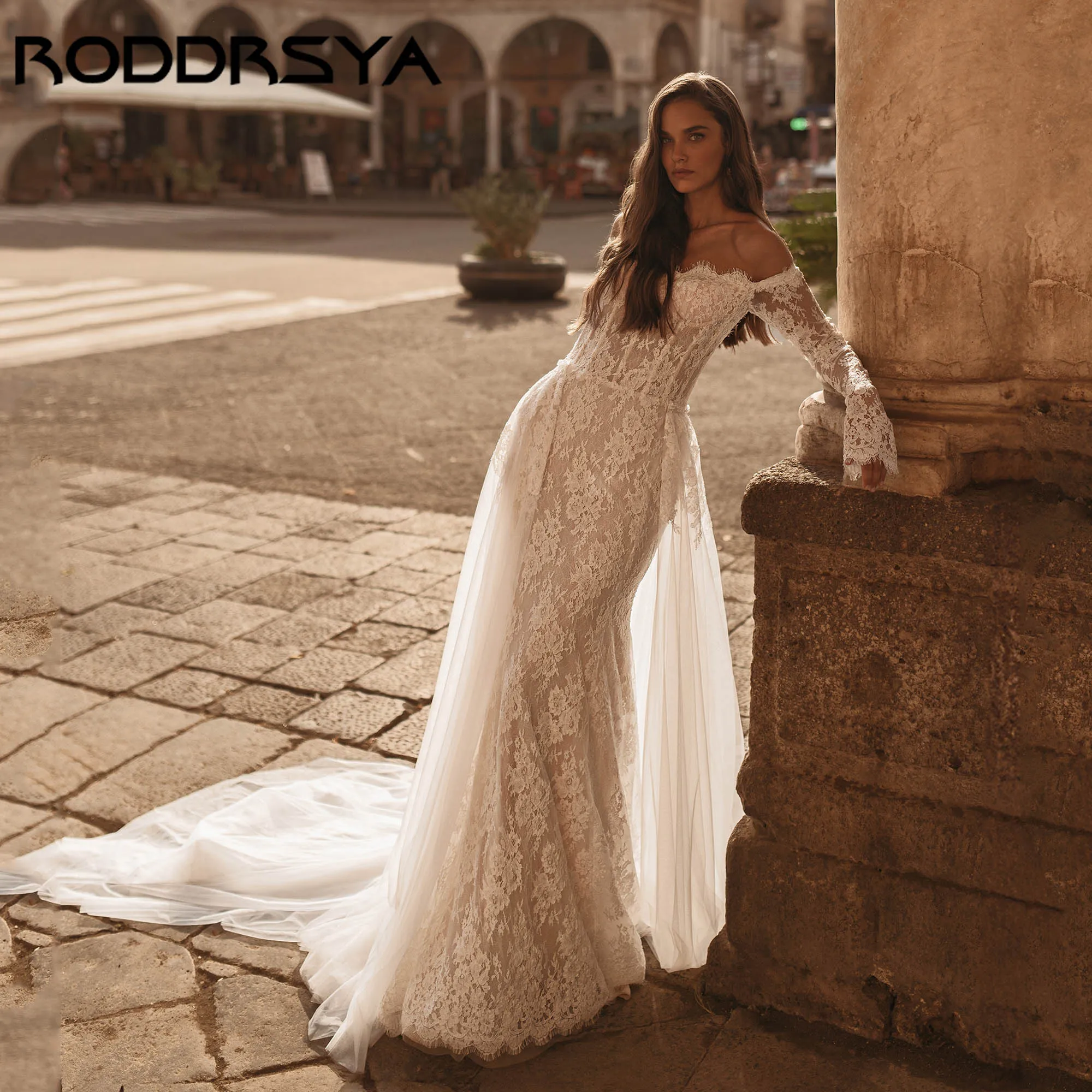 

RODDRSYA Elegant Off Shoulder Lace Wedding Dress Mermaid Sweetheart Bride Gown With Detachable Train vestido de novia Customized