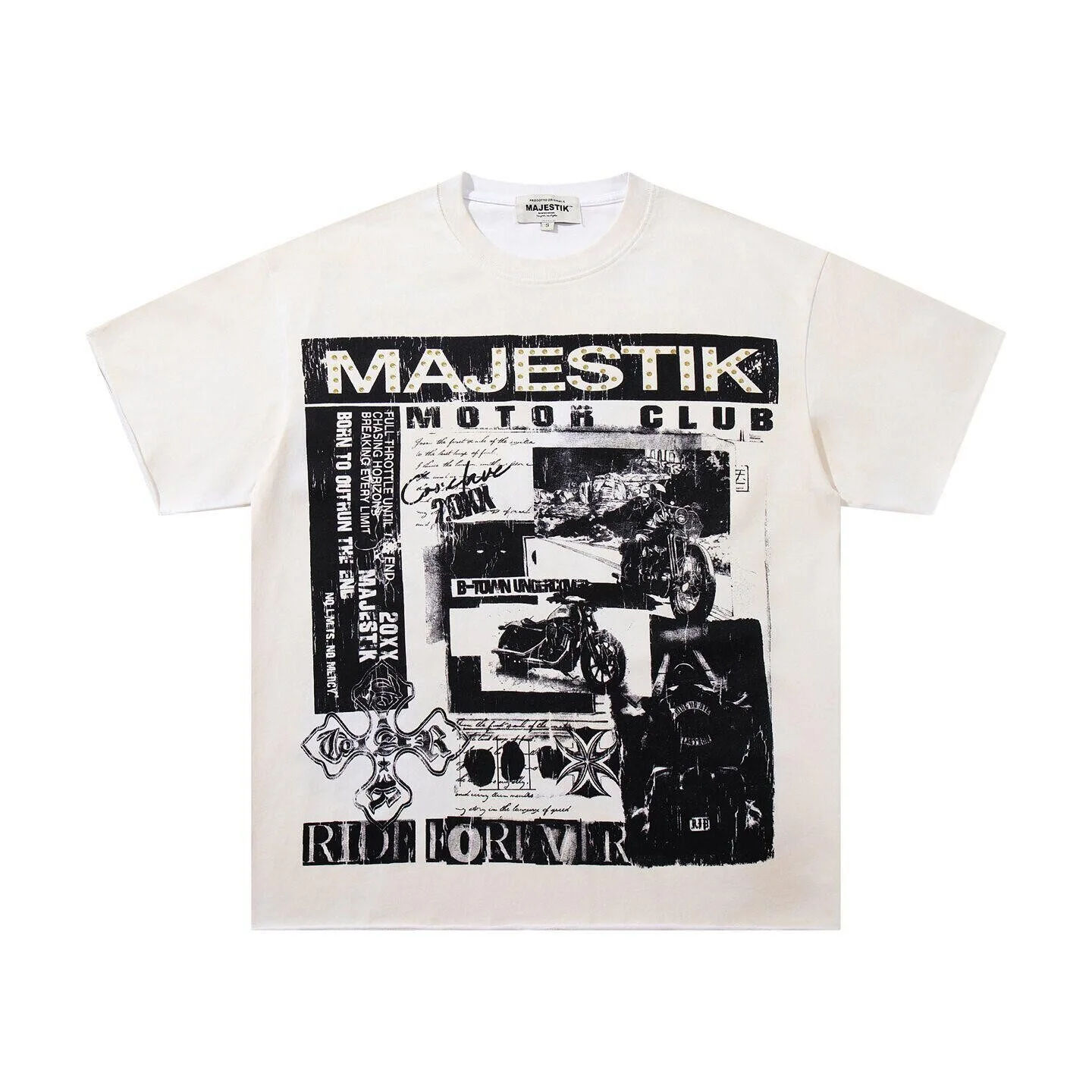 MAJESTIK Rock Band Direct Spray Printed Short-Sleeved T-Shirt - Loose Fit Round Neck with Vintage Beaded Design Casual Shirt