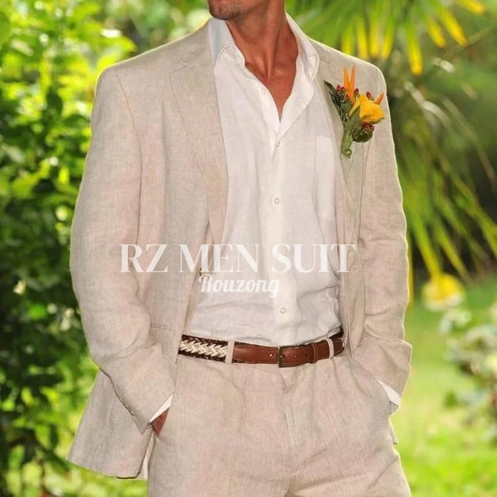 Mens Linen Suit 2 Piece Slim Fit Linen Suit for Men  trajes para hombre Summer Beach Wedding Suits Jacket Pants Set