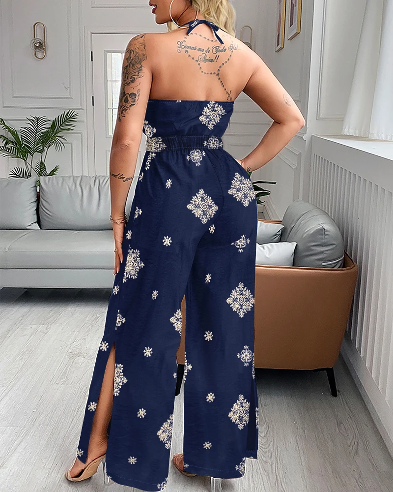 Women's Fashion Long Jumpsuits Graphic Print Halter Backless Side Slit Shirred Wide Leg Jumpsuit Vacation Overalls for Women