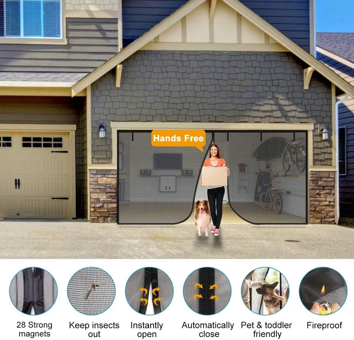 FBve Magnetic Garage Door Screen with 4 Strapping Tapes for 1 Car Garage 9x7ft, Reinforced Fiberglass Mesh Door Screen with C