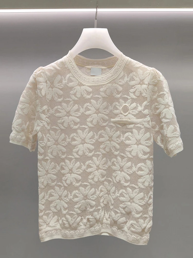 High-End Women's Summer Casual Versatile Embroidered Hollow Knitted T-irt Top Nu Commute Sle Regular Fit Single Piece