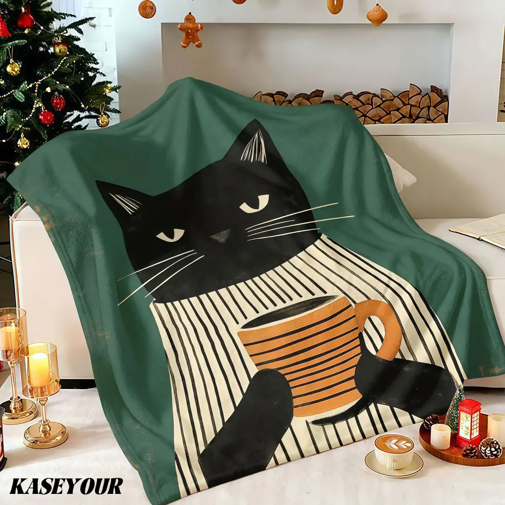 Striped shirt coffee cat Winter Summer Flannel Blanket Throw Fleece Soft Fuzzy Plush Cozy Fleece Blankets for Sofa Ideal Gifts