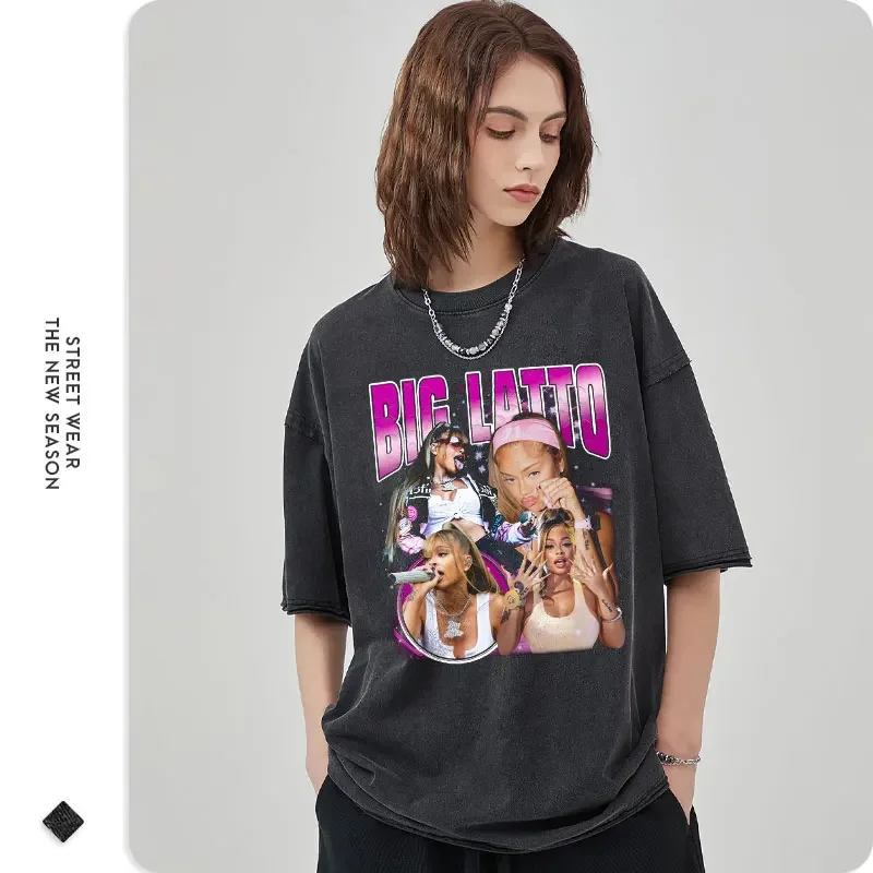 Big Latto T Shirt Vintage Washed Female Singer Hip Hop Rapper Tops Tees Oversized T-shirt Short Sleeve Sweatshirts Man Cotton