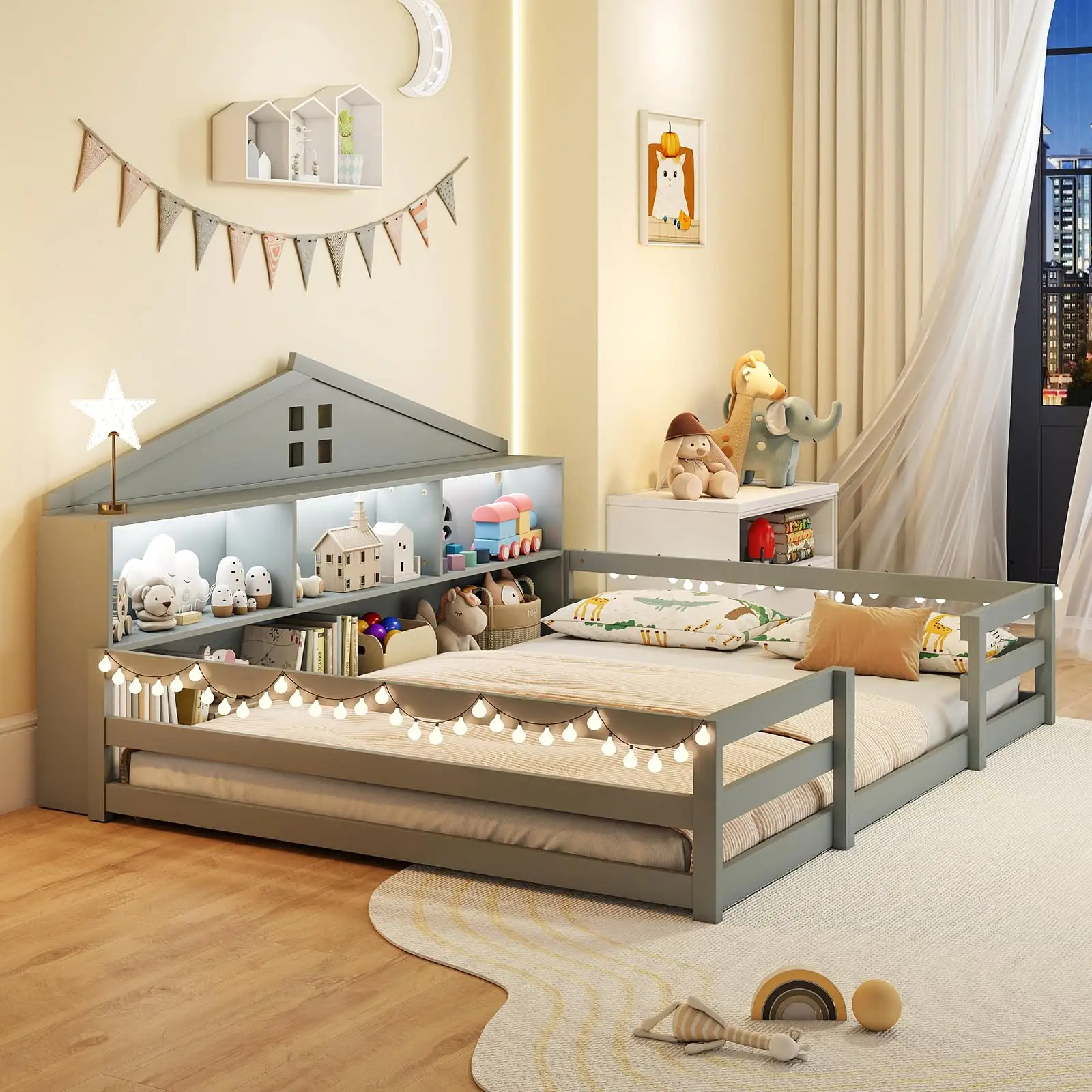 Full Size Floor Bed with LED Lights, 2-in-1 Wood Bed Fe with Bede Bookcase & Safety Guardrails, Montori Bed for Boys
