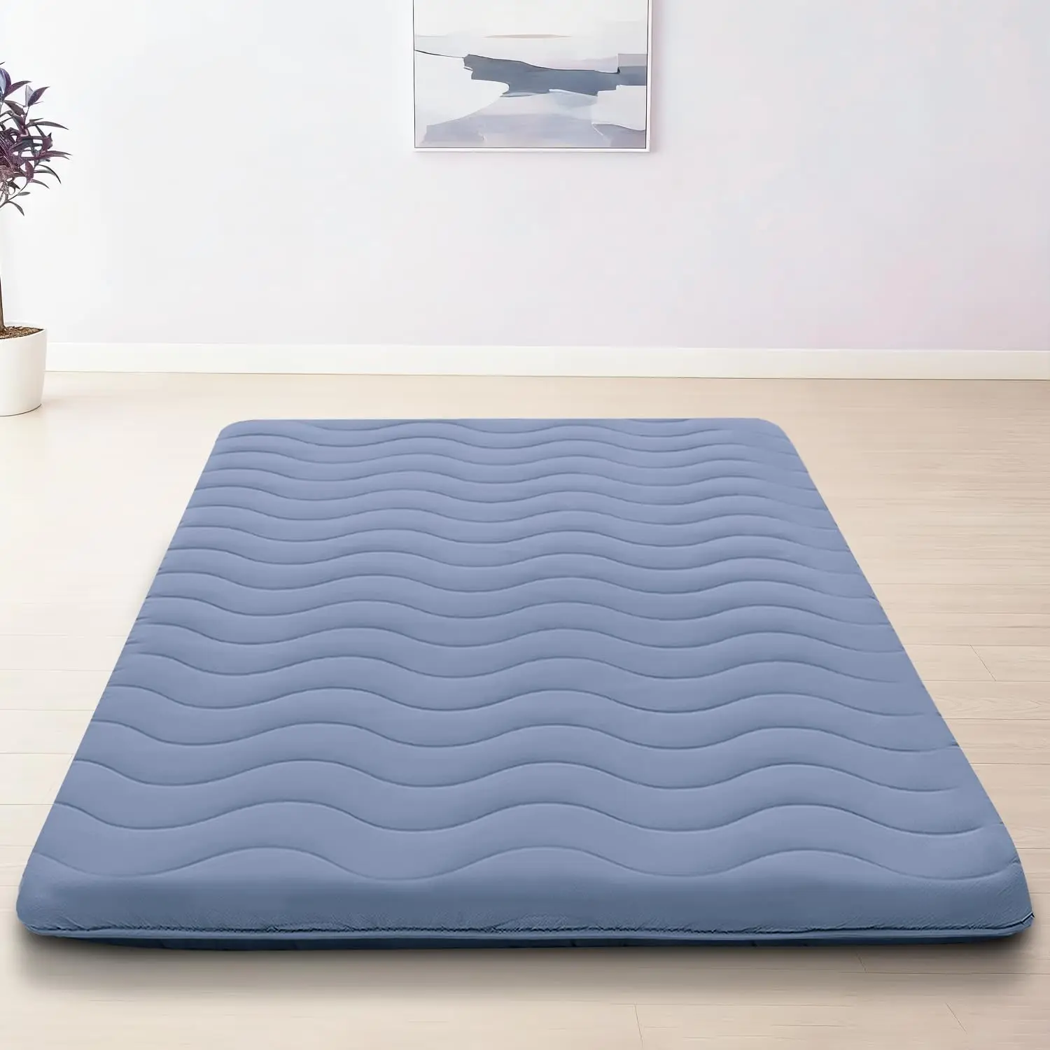 Japanese Floor Mattress Futon Mattress, Foldable Tatami Sleeping Pad Roll Up Floor Lounger Bed, Thick High Density Foam Cushion For Living Room Guest Room RV Travel, Modern Solid, Blue, Single Piece