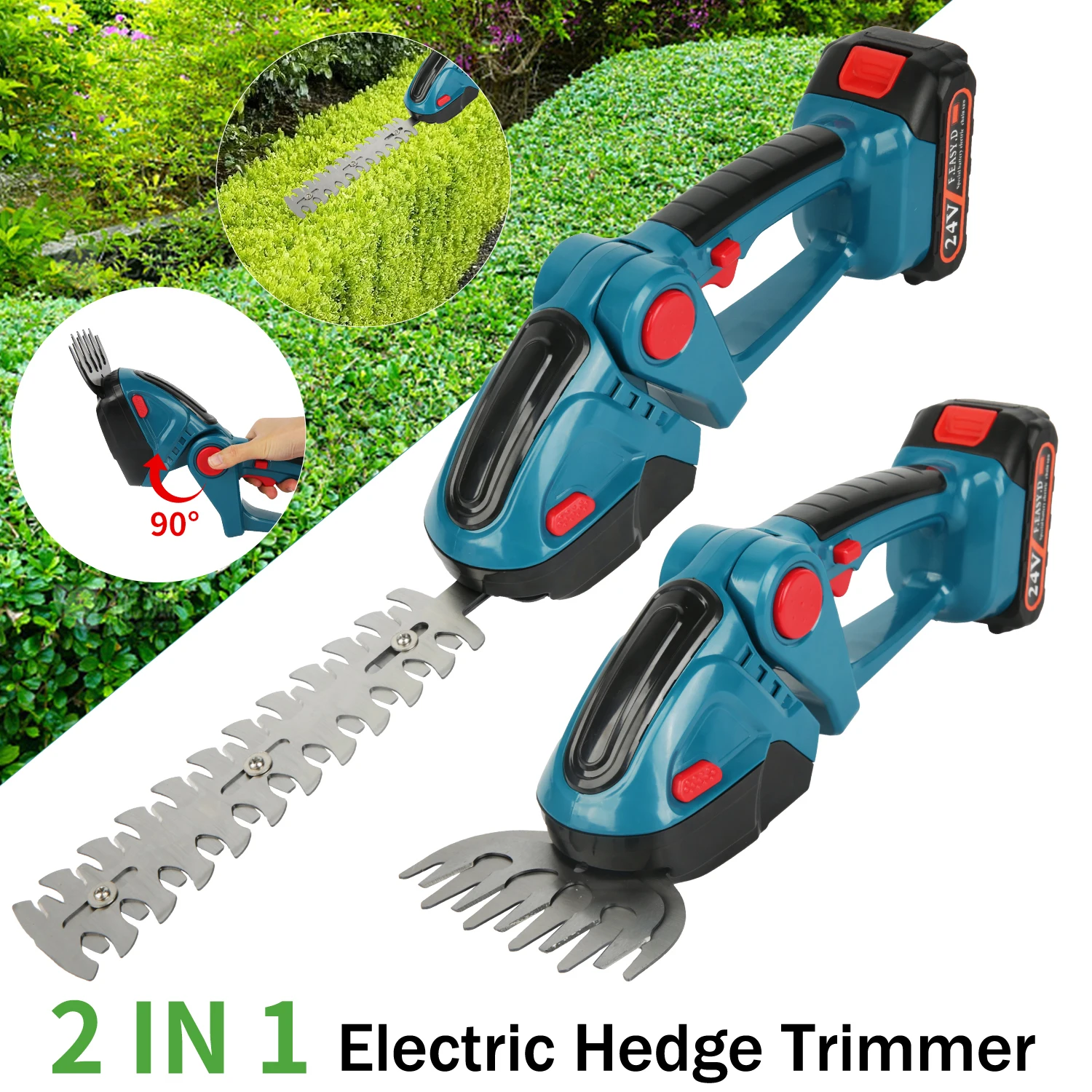 Cortasetos Eléctrico 2 en 1, 24V, Inalámbrico, Recargable, Tijeras para Arbustos, Desbrozadora, Podadora, Herramientas de Jardín ﻿