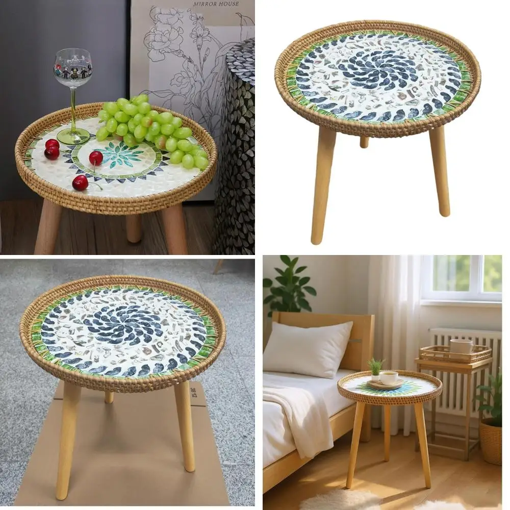 

Круглый приставной столик из ротанга с инкрустацией перламутром, ручной работы, на 3 ножках, универсальный для гостиной и спальни, для использования на улице