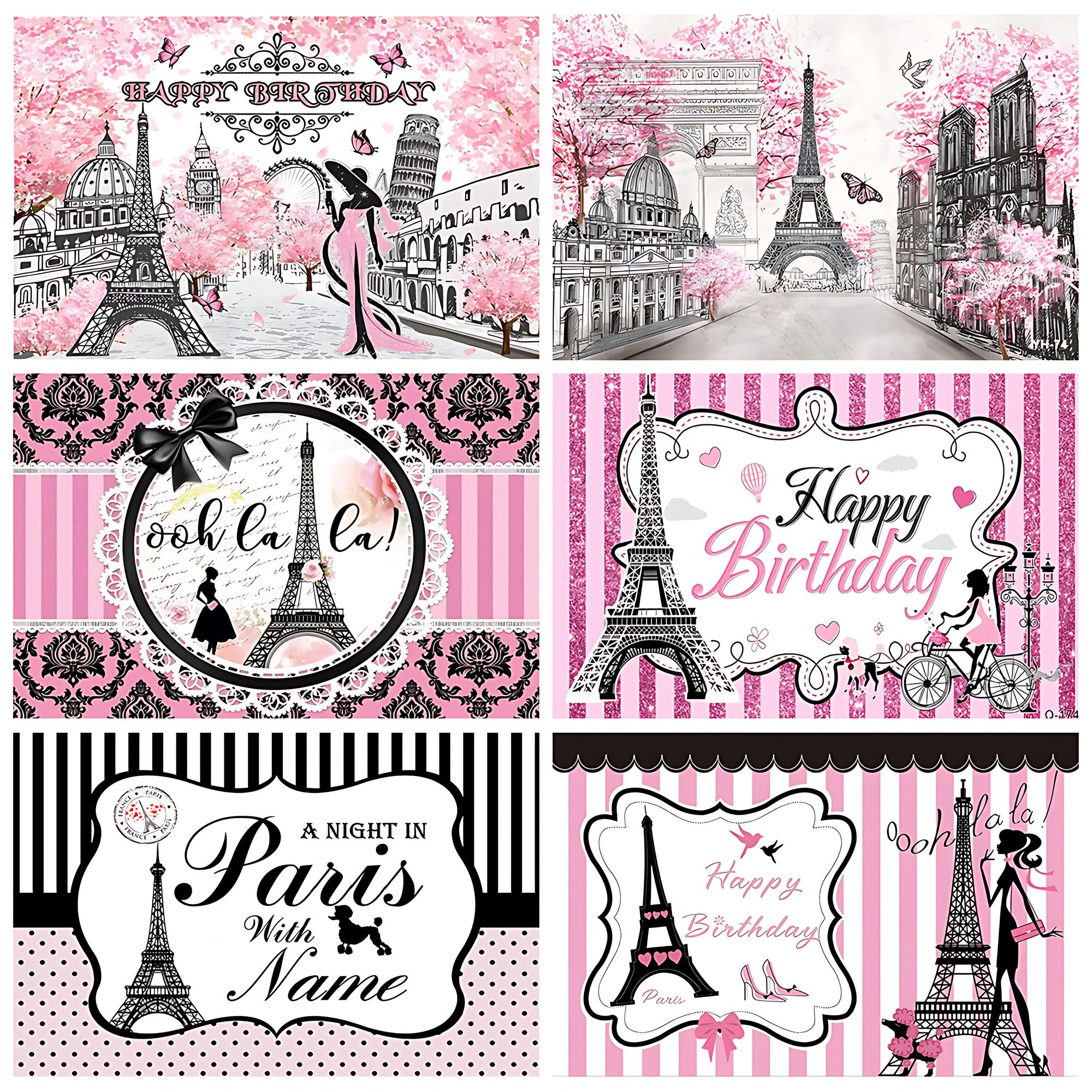 France Paris Eiffel Tower Photo Background Pink Flower Roses Ooh La La Black White Stripes Girl Lady Birthday Party Decor Banner