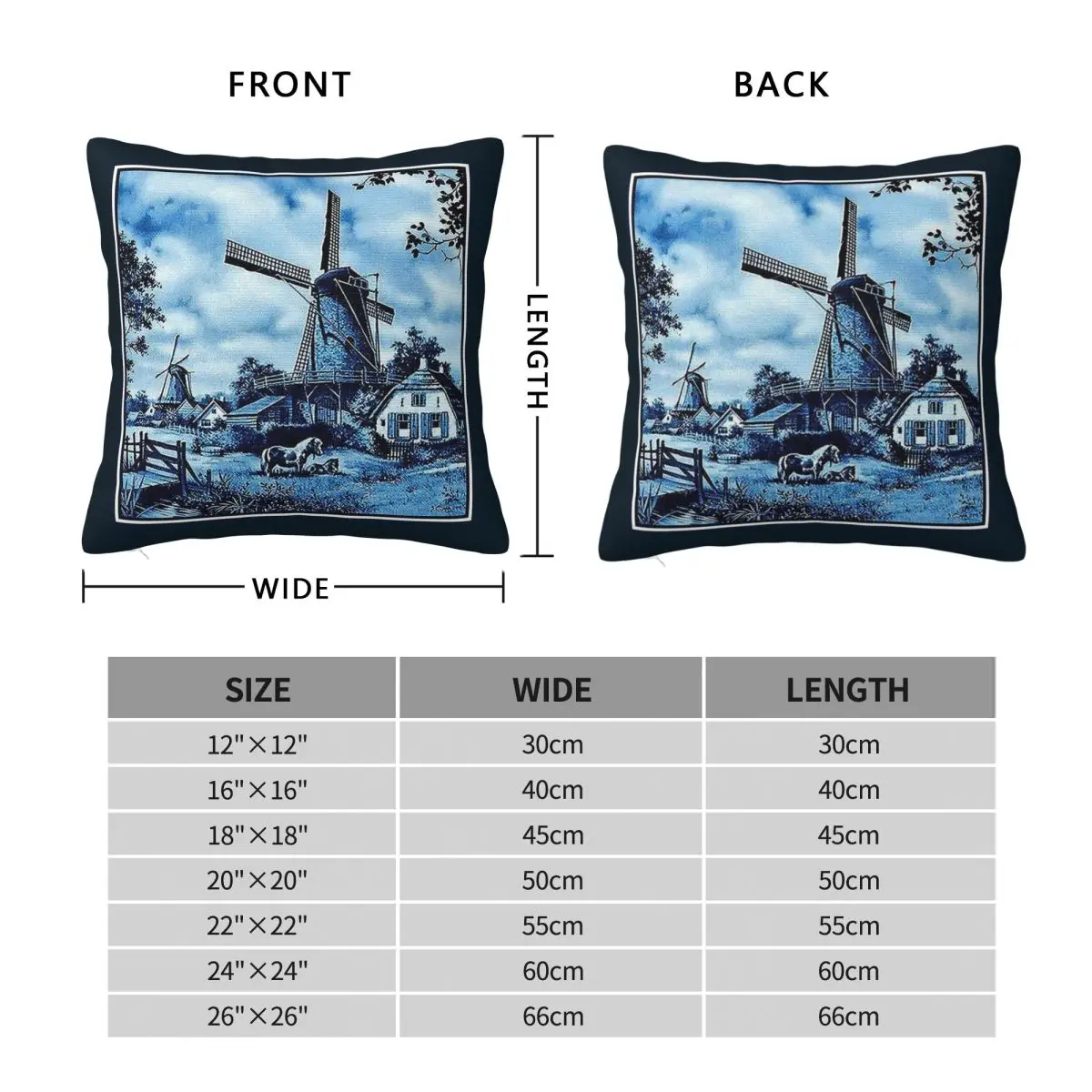 Dutch Delft Blue Windmills Square Pillowcase Polyester Linen Velvet Pattern Zip Decor Pillow Case Sofa Cushion Cover