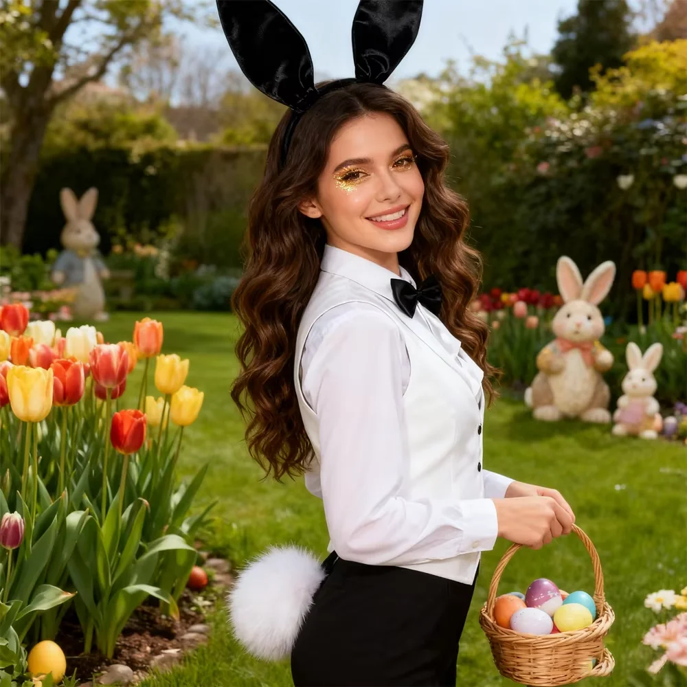 PESENAR 부활절 토끼 의상 세트, 휴일 파티 액세서리용 검은 귀 머리띠, 나비넥타이 및 꼬리 포함