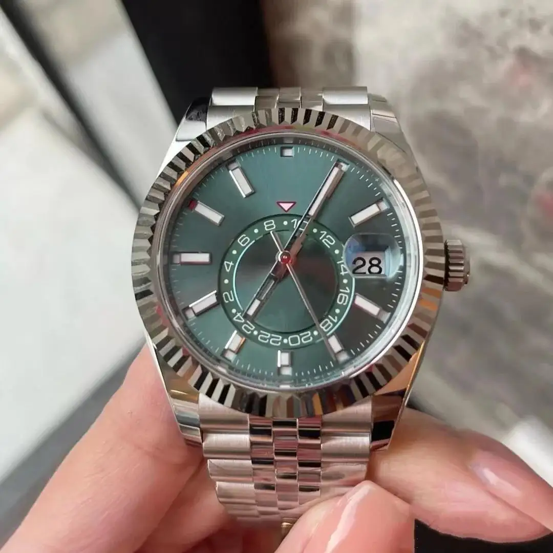 ساعة أوتوماتيكية فاخرة للرجال ساعات ميكانيكية ستانلس ستيل أخضر أسود تقويم سكاي بلو Dwellers عرض توقيت مزدوج