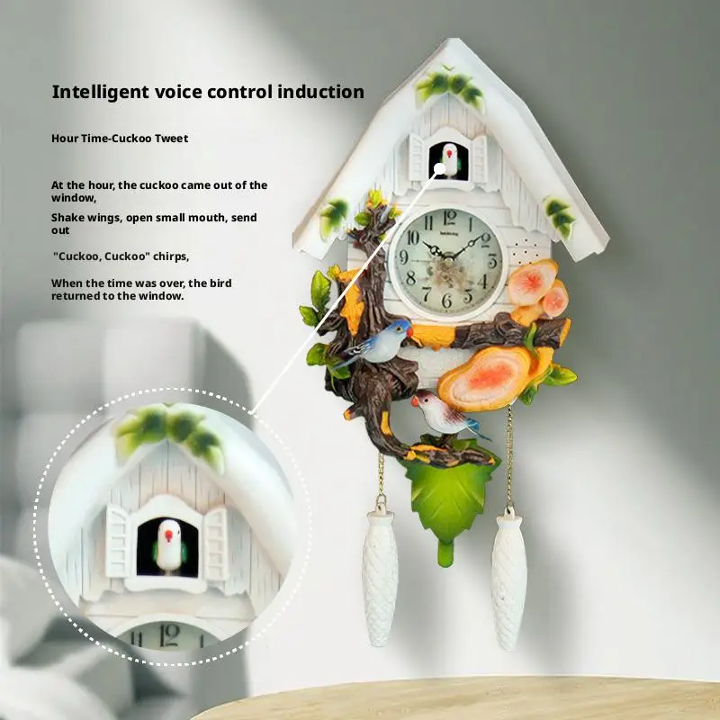 Cuckoo Wall Clock, Hourly Chime, Living Room Clock, Sound-Activated Children's Clock, European-Style Quartz Clock