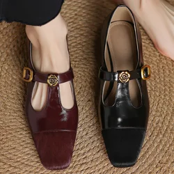 Women's genuine leather horsehair patchwork slip-on t-strap flats 2.5cm kitten heel elegant ladies slim daily dress shoes woman