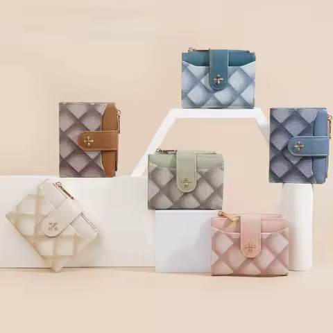 New Women'S Short Purse Small Fragrance Style Two Fold Zero Purse Fashion Diamond Grid Card Holder Woman