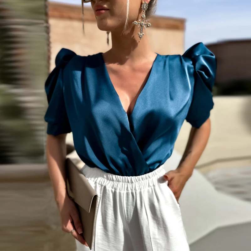 

Elegant Solid Color Deep V Neck Puff Sleeve Tops New Women Temperament Commute Pullover Summer High Street Slim Satin Shirt Tops