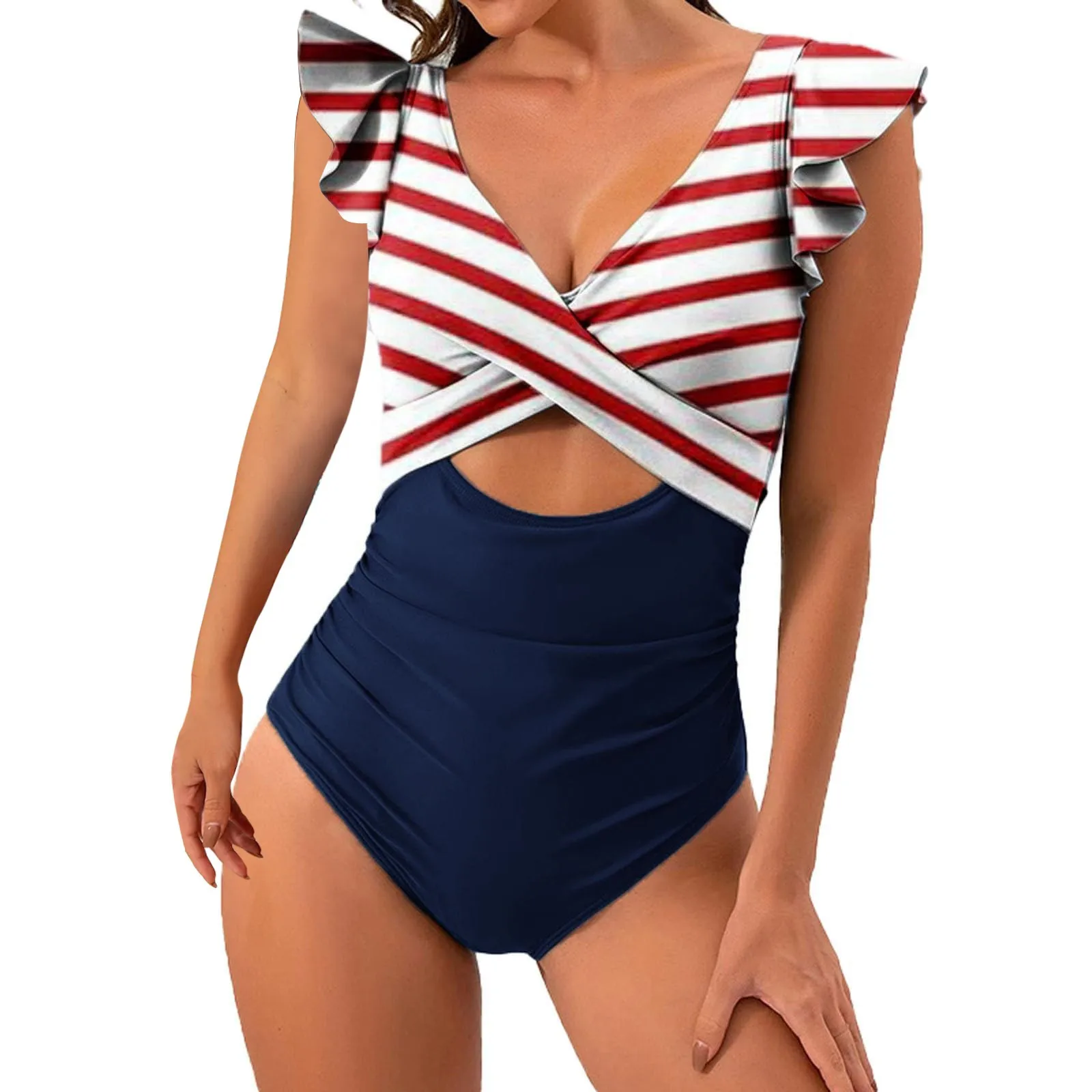 Contrast Mesh One Piece Swimsuit V Neck Print Backless Tummy Control High Cut Bathing Suit Women\'S Swimwear & Clothing