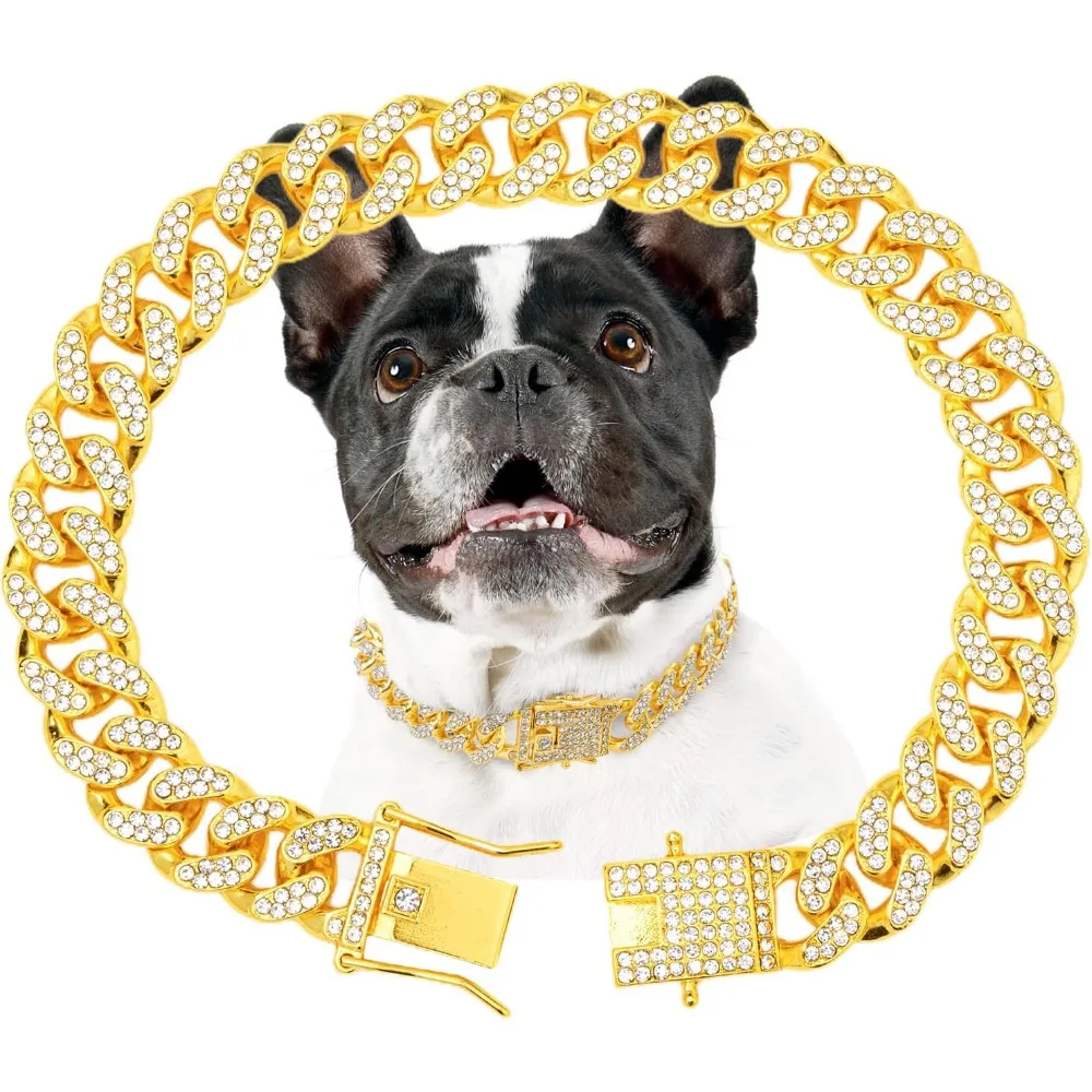 Collier pour chien en or avec chaîne et diamants, collier de marche en métal avec boucle sécurisée, accessoires de bijoux pour animaux de compagnie, collier pour petits, moyens et grands chiens et chats