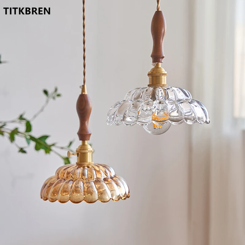 Simple Personality Wooden Handle Glass Lampshade Copper LED Pendant Light With Switch Indoor Lighting Vintage Hanging Fixtures