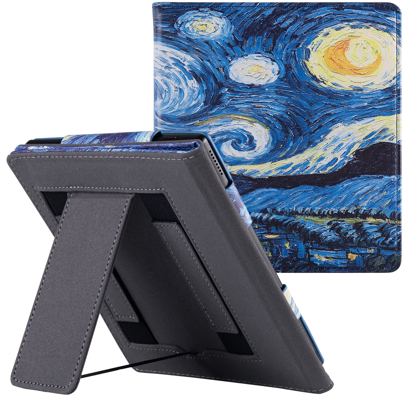 Stand Case for Onyx Boox Leaf 2/Leaf3/Leaf3 C e-Reader - PU Leather Protective Cover with Double Hand Straps and Auto Sleep/Wake