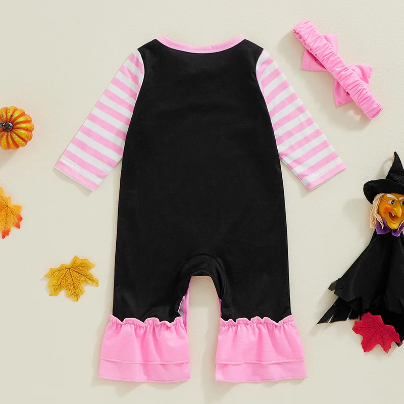 2024-07-02 Lioraitiin Baby Girls 2Pcs Halloween Outfits Striped Long Sleeve Ghost Print Jumpsuit with Headband Newborn Set