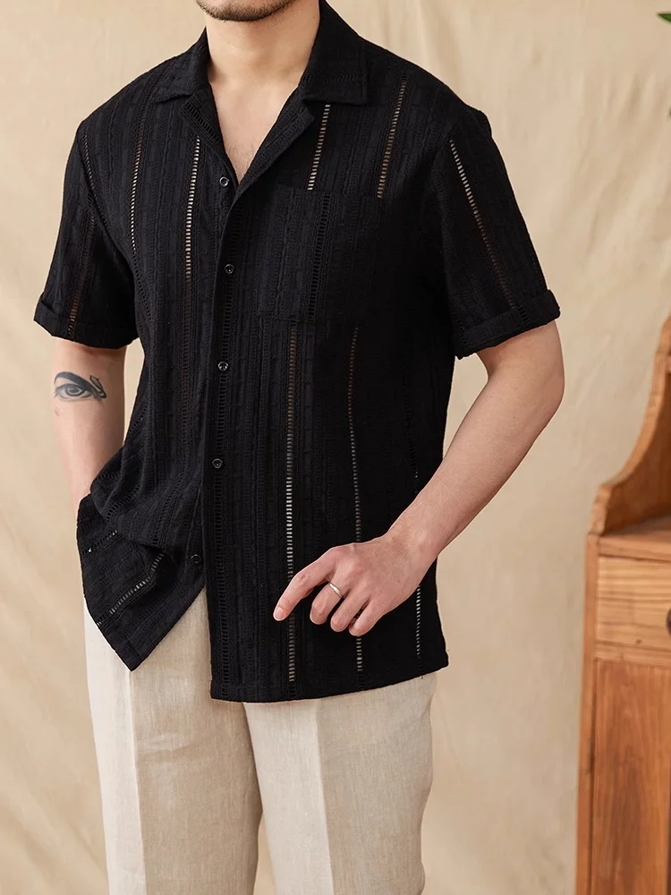 

Tagkita Men's ort Sve irt Hollow out Collar American Sle Breathable Summer New Arrival Garment Polyester Fiber