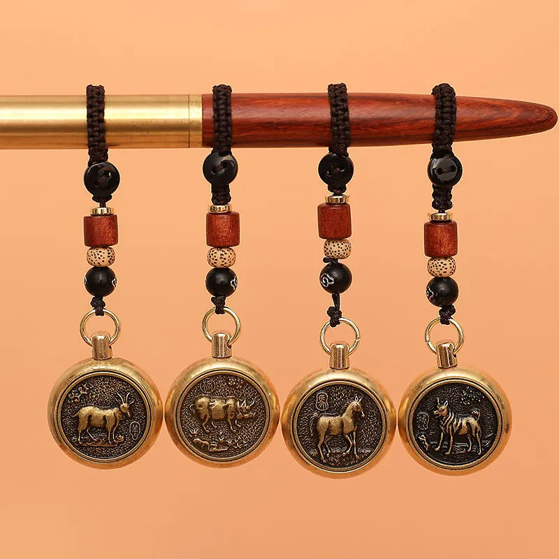 1Pcs Vintage Copper Lucky Rope Keychain Pendant Brass Chinese 12 Zodiac Animals Tags Car Key Chain Pendants Rope Hangings