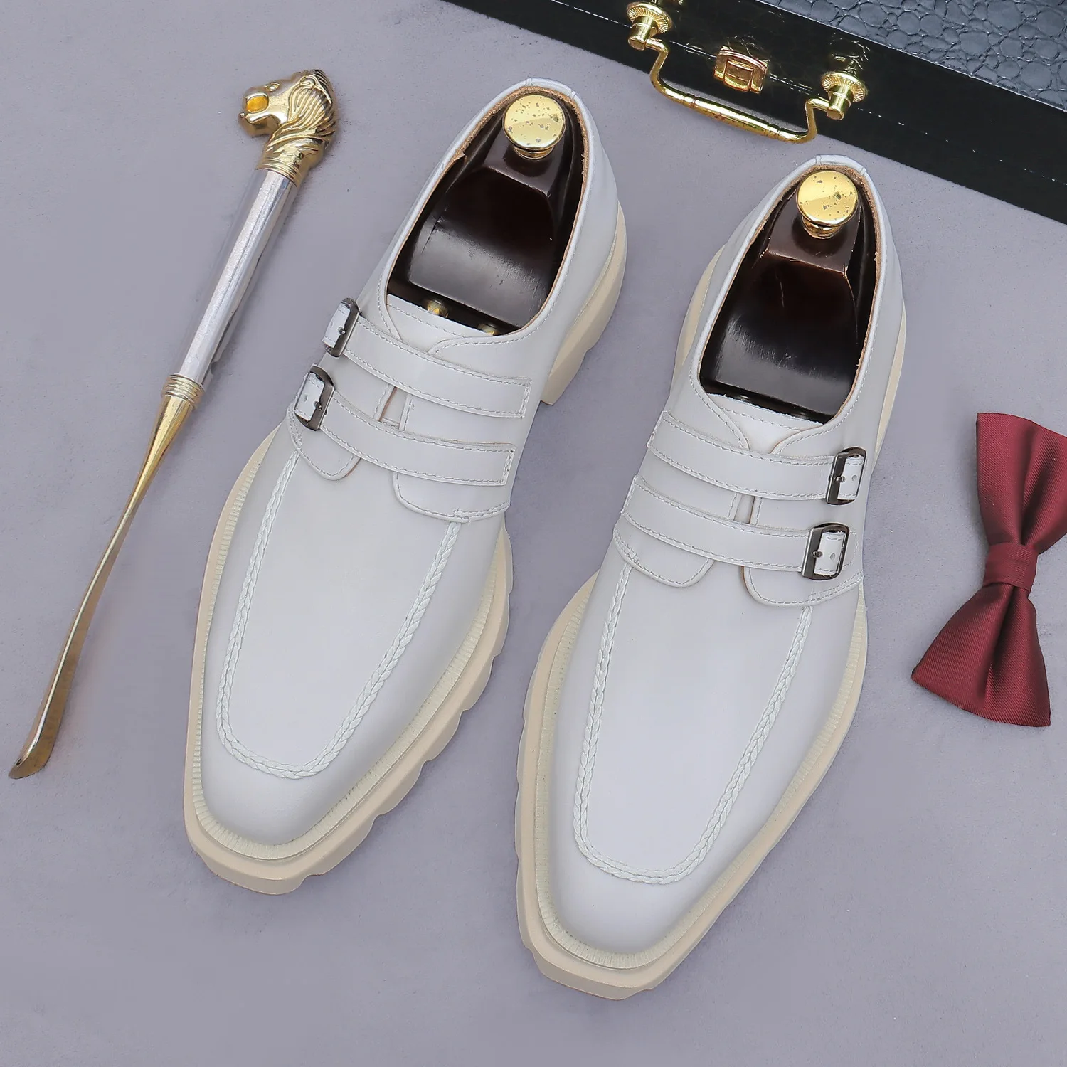 Double Monk Strap Dress Shoes Genuine Leather Thick Lug Sole Men Buckle Formal Shoes Luxury Social Shoes for Wedding Business