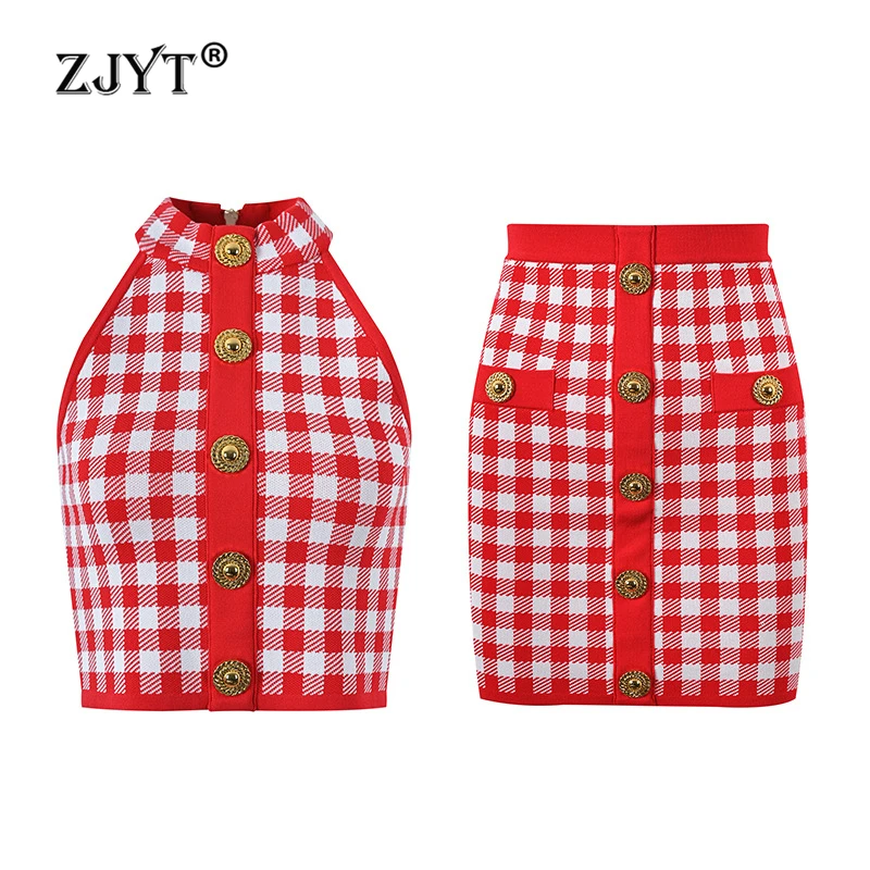 

ZJYT Summer Plaid Halter Knit Top Skirt Sets for Women 2Pieces Outfit Elegant Suit New In Matching Dress Sets Conjuntos Feminino