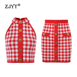 ZJYT Summer Plaid Halter Knit Top Skirt Sets for Women 2Pieces Outfit Elegant Suit New In Matching Dress Sets Conjuntos Feminino