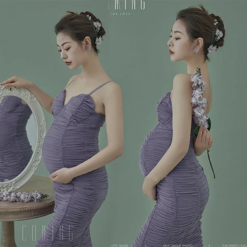 Women Photography Props Purple Draped Elegant Maternity Dresses Straps Pregnancy Dress Studio Shooting Photo Props