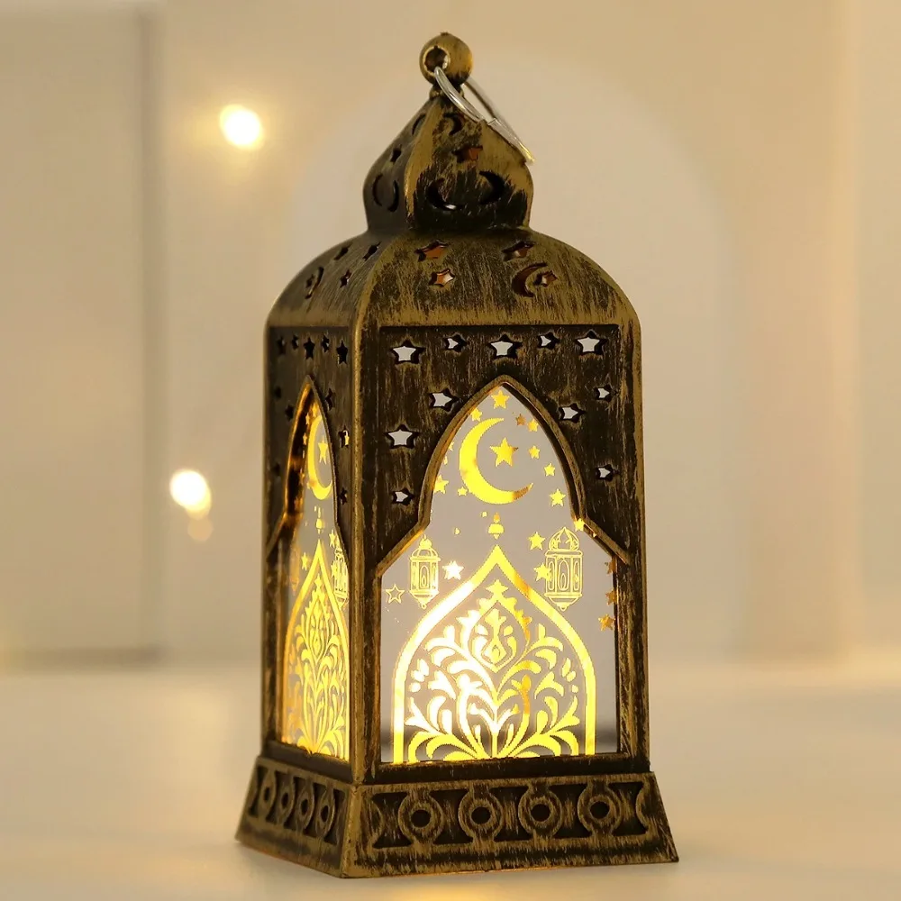 Vintage Eid Mubarak Lantern Lamp Distressed Middle Eastern Style Ramadan Crescent Candle Lamp Reusable Plastic