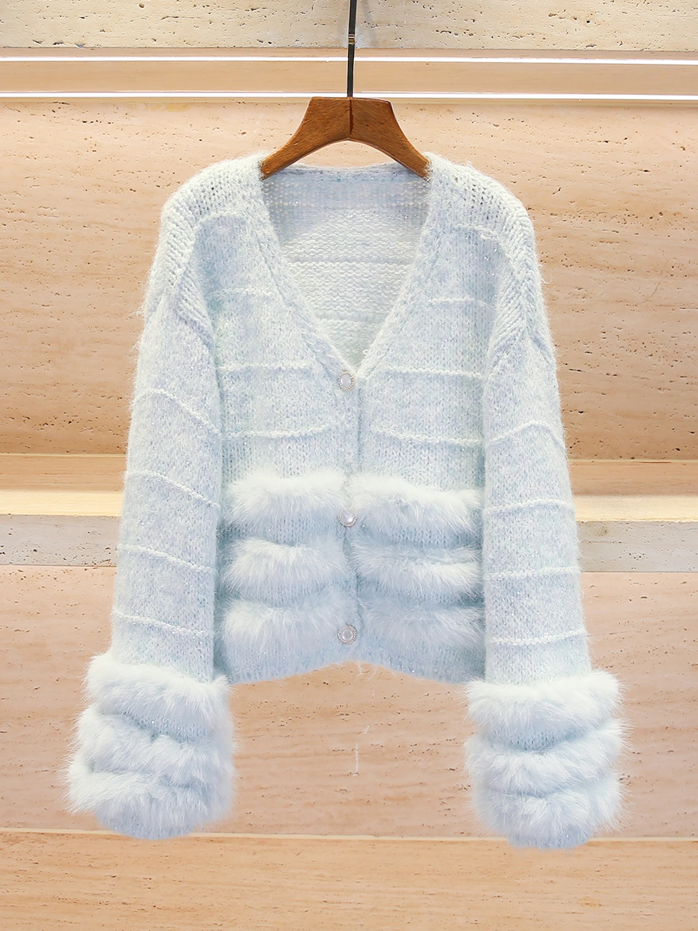 

South Oil High-End Women's V-Neck Knitted Sweater Spring Gentle Wind Sequin Cardigan Outerwear Comfortable Mid-Thick Long Sleeve