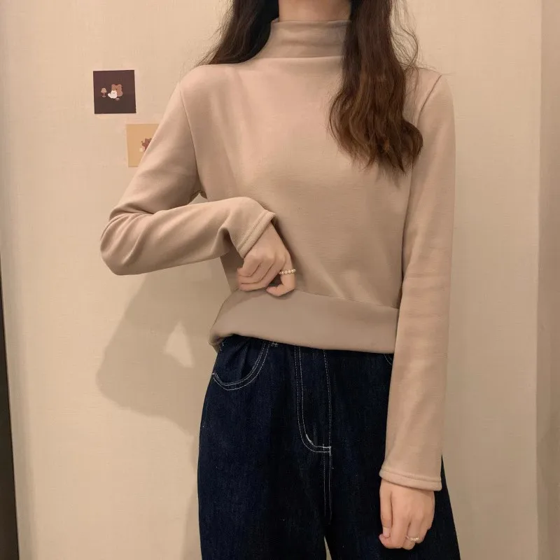 Camiseta Feminina de Manga Longa com Forro, Gola Alta, Versátil para Outono e Inverno, Branca e Elegante