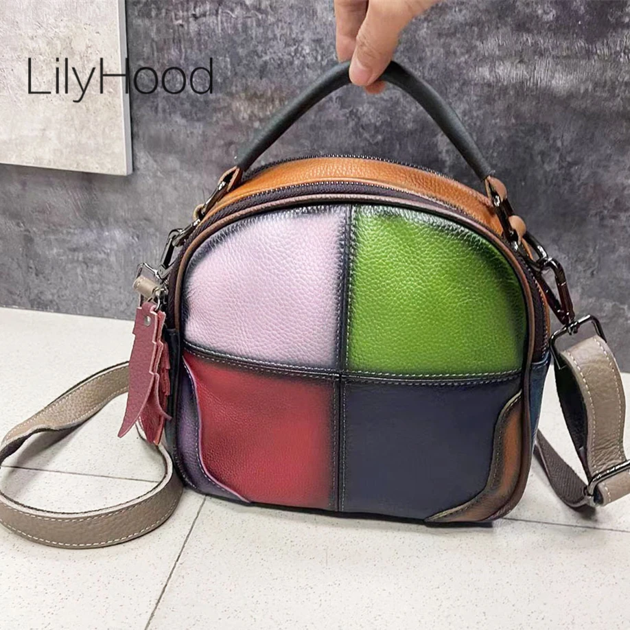 Women Vintage Brushed Genuine Leather Patchwork Phone Small Mini Side Sling Pouch Bag 80s Fashion Stylish Short Handle Handbag