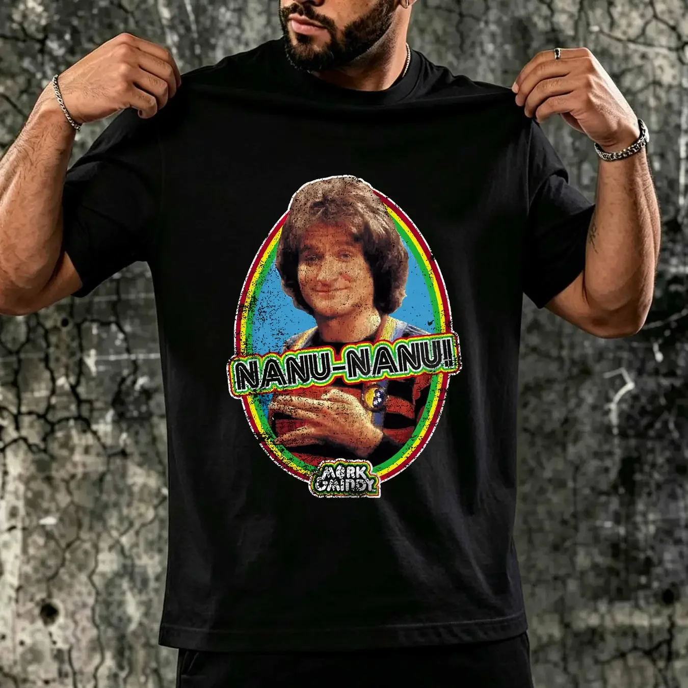 washed T Shirt Mork and Mindy Nanu Mens Licensed Classic TV Show Sport Grey vintage Washed Casual Breathable