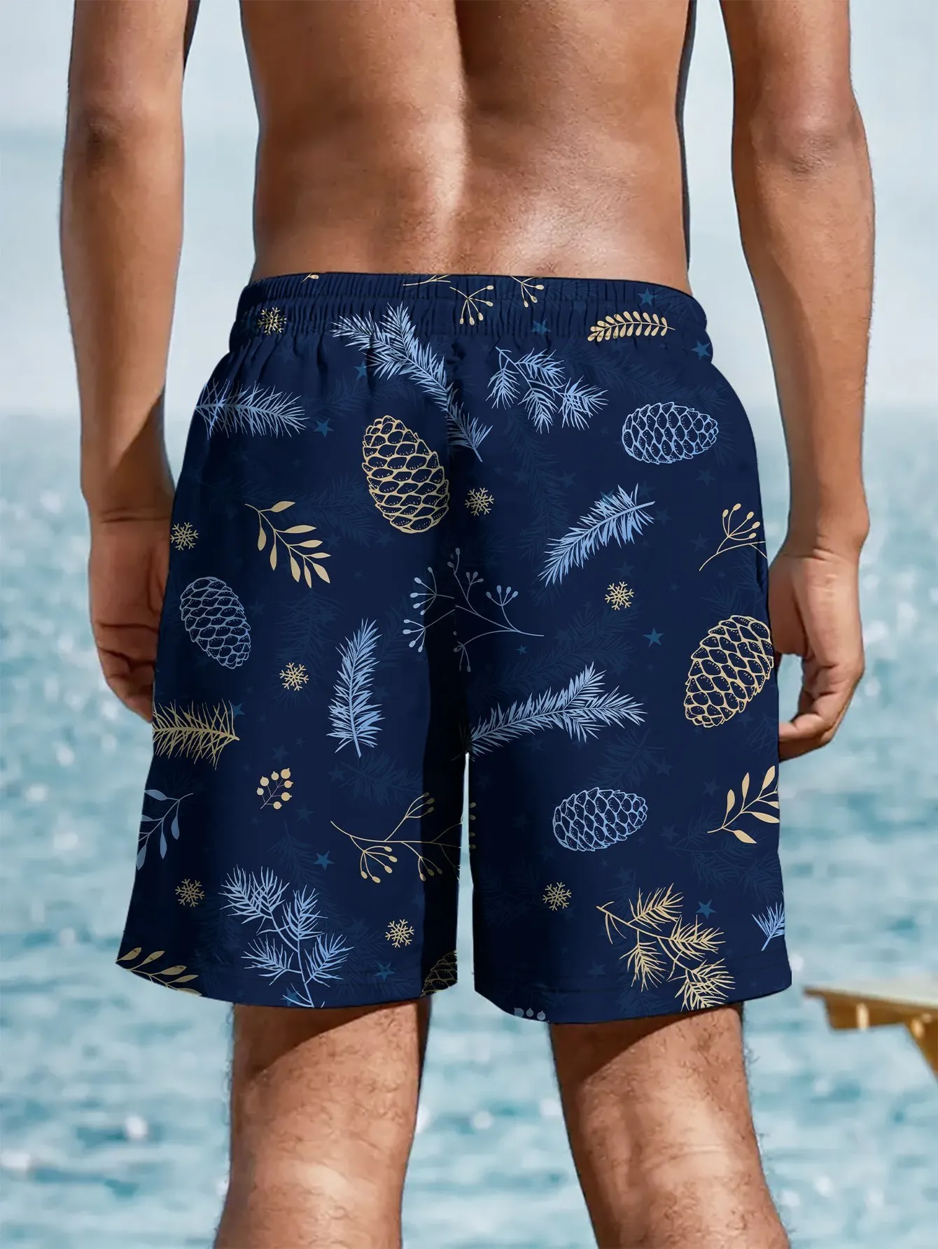 

2026 Men's White Light Blue Splatter Print Beach Shorts Drawstring Waist Quick Dry Casual Swim Trunk