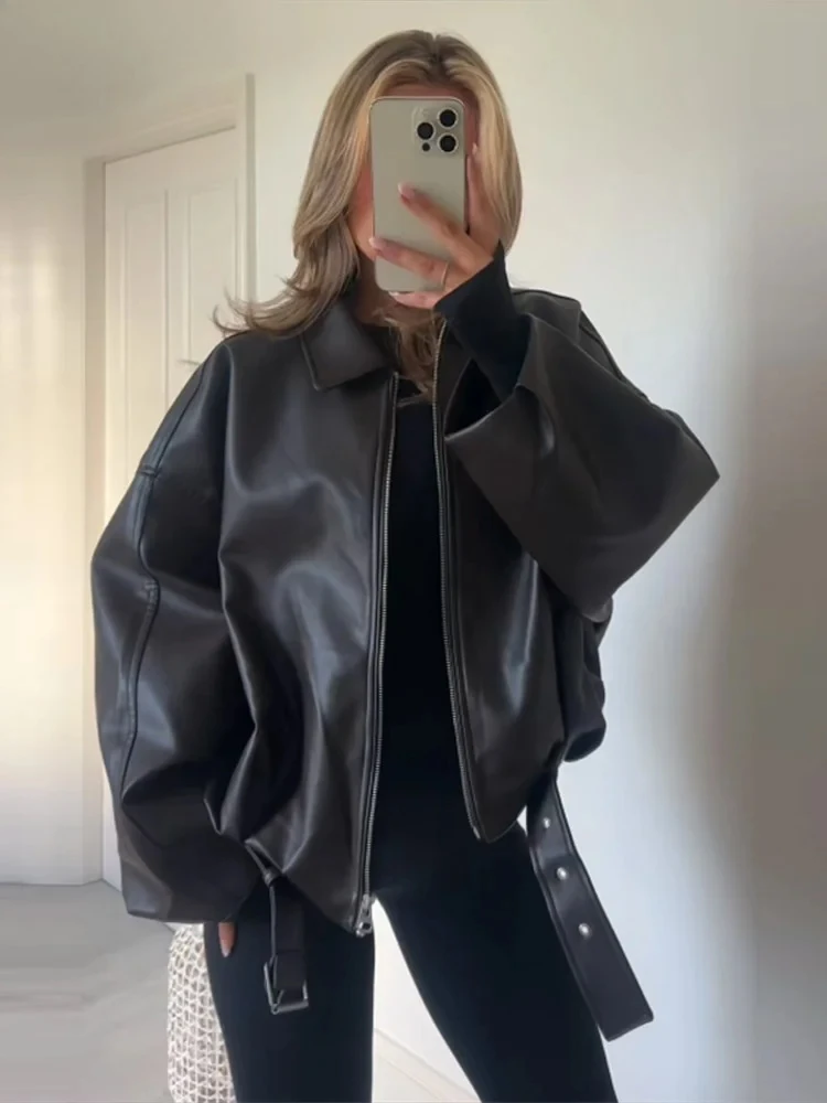 Street Women's Belt Leather Jackets Loose Lapel Zipper Long Sleeve Pockets Female Coats 2025 Autumn Lady Fashion Y2k Outwear