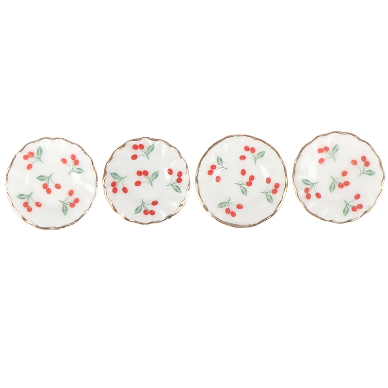 4PCS Kitchen Toys Dollhouse Cherry Trays Plates Doll Durable Mini Food Dishes Tableware Miniature Doll House Accessories