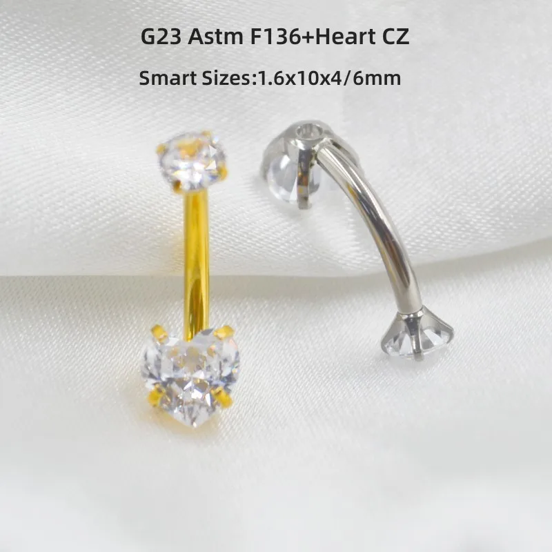 

10PCS Body Jewelry-G23 Titanium Heart CZ Smart Navel Belly Button Body Piercing 14Gx10x4/6mm Navel Curve Barbells Belly Rings