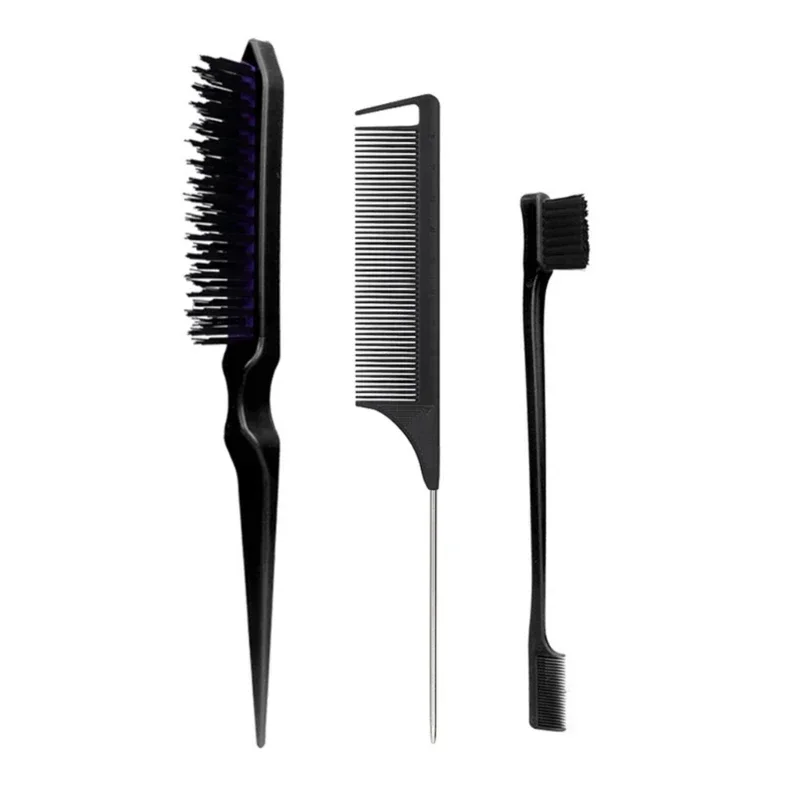 3Pcs Slick Back Hair Brush Set Bristle Hair Brush Brush Teasing Comb for Women Baby Kids Black Hair