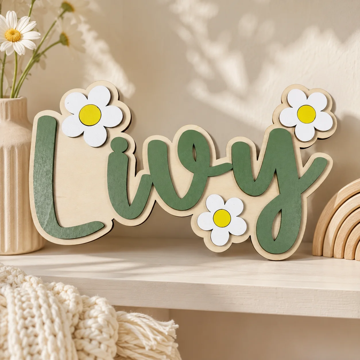 Personalized Wooden Name Sign Custom Kids Nursery Door Sign Baby Room Wall Decor Daisy Name Plaque Baby Shower Gift