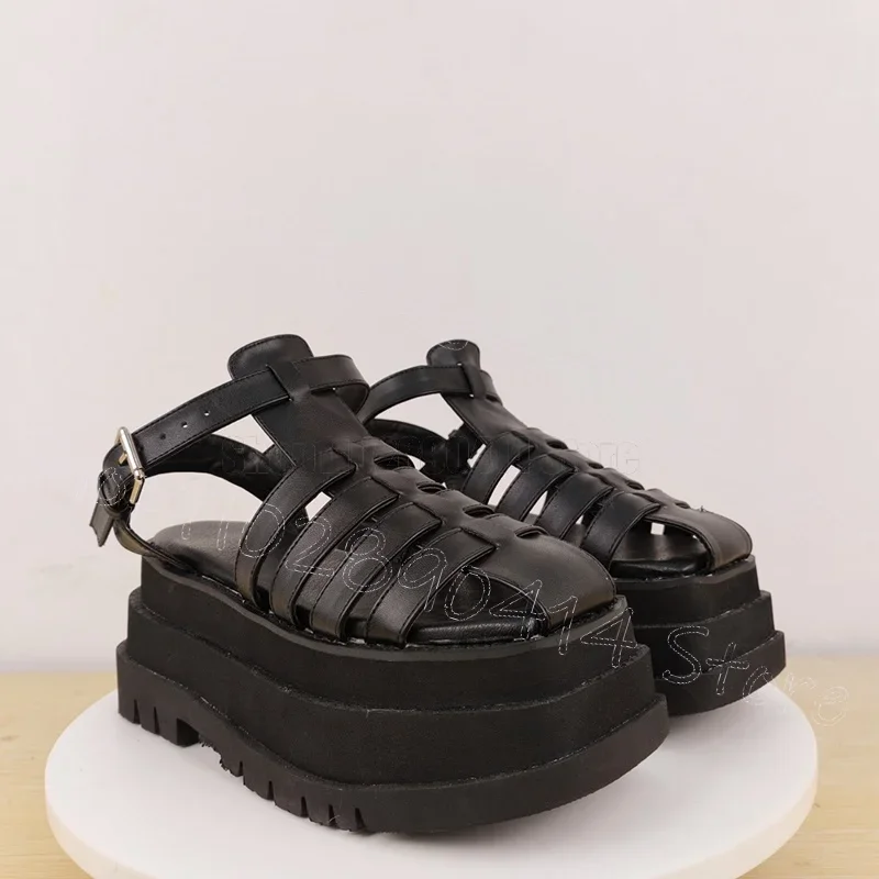 

Black Hollow Design Cut Heel Platform Sandals Buckle Strap Women Shoes High Top Fashion Party Banquet 2025 Zapatos Para Mujere