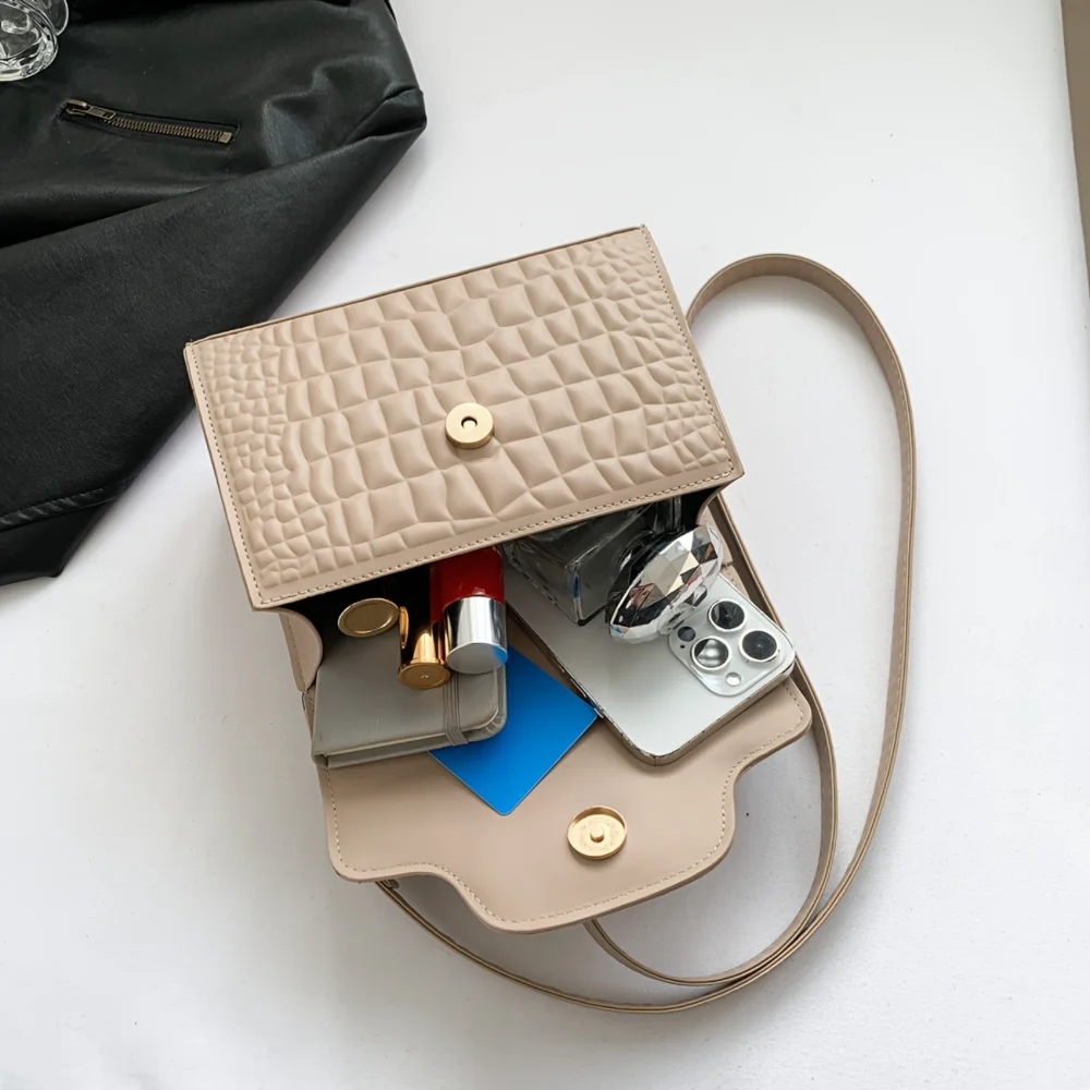 Crocodile Pattern PU Handheld Small Square Bag with Bow Flap - Fashionable Shoulder Crossbody Bag