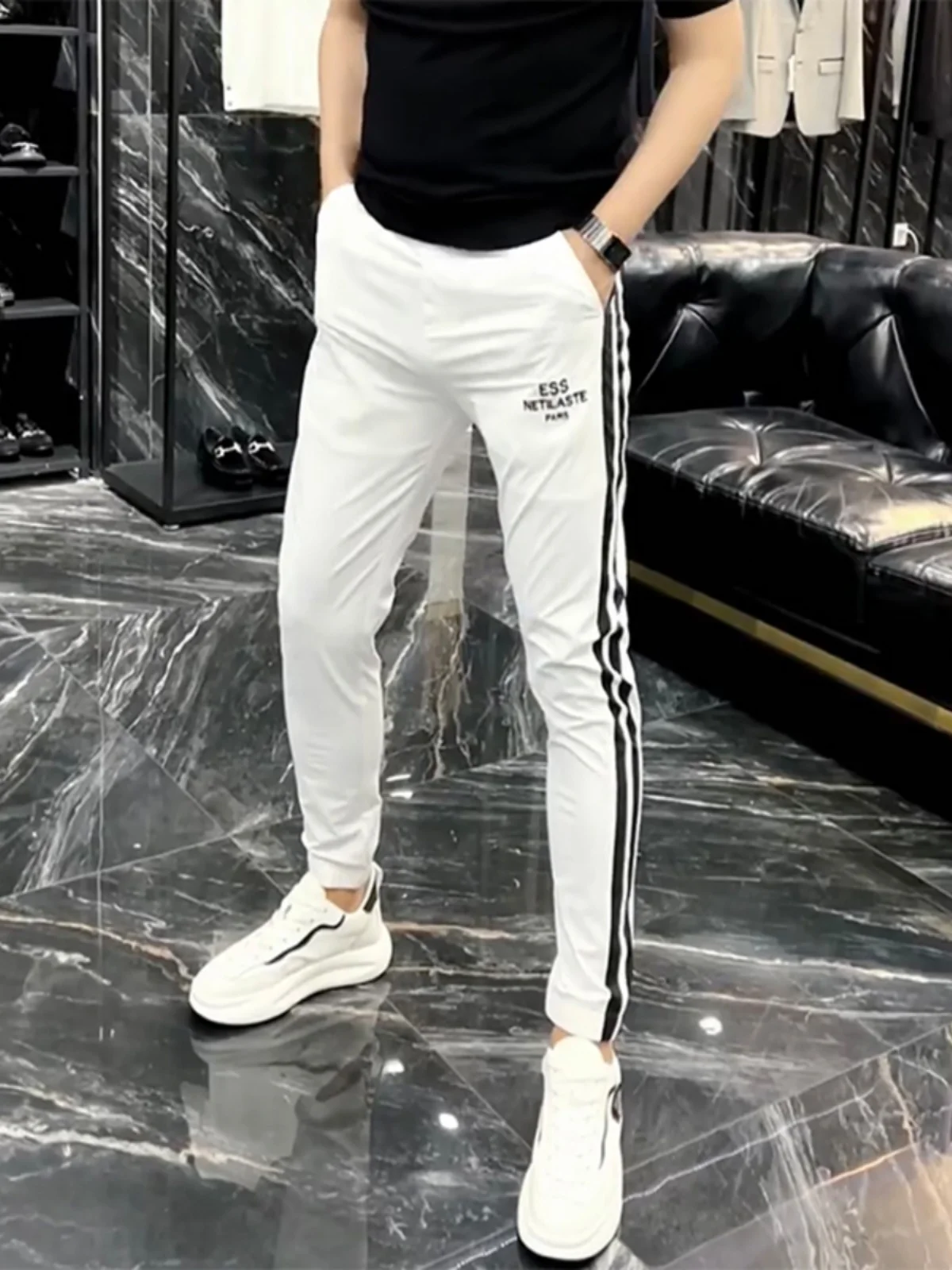 

Летние тонкие брюки из ледяного шелка в полоску, быстросохнущие, спортивные, повседневные, мужские, модные, зауженные, с манжетами, укороченные, универсальные, с узким низом